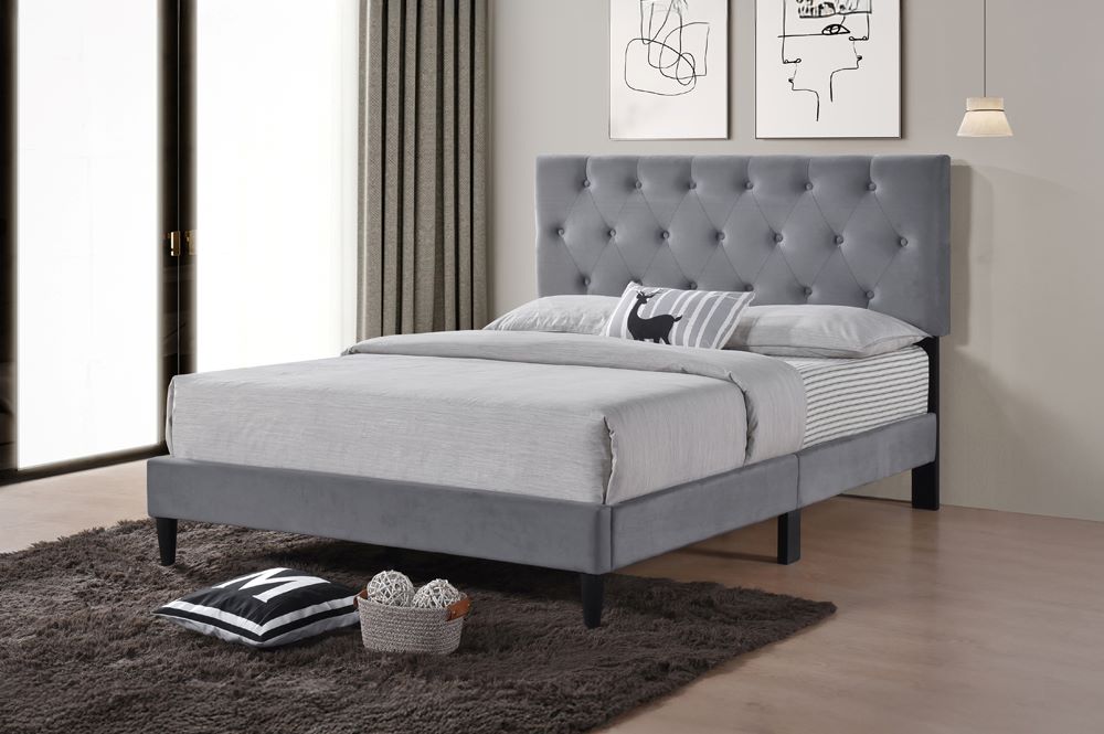 Grey Velvet Platform Bead With Adjustable Headboard 2106