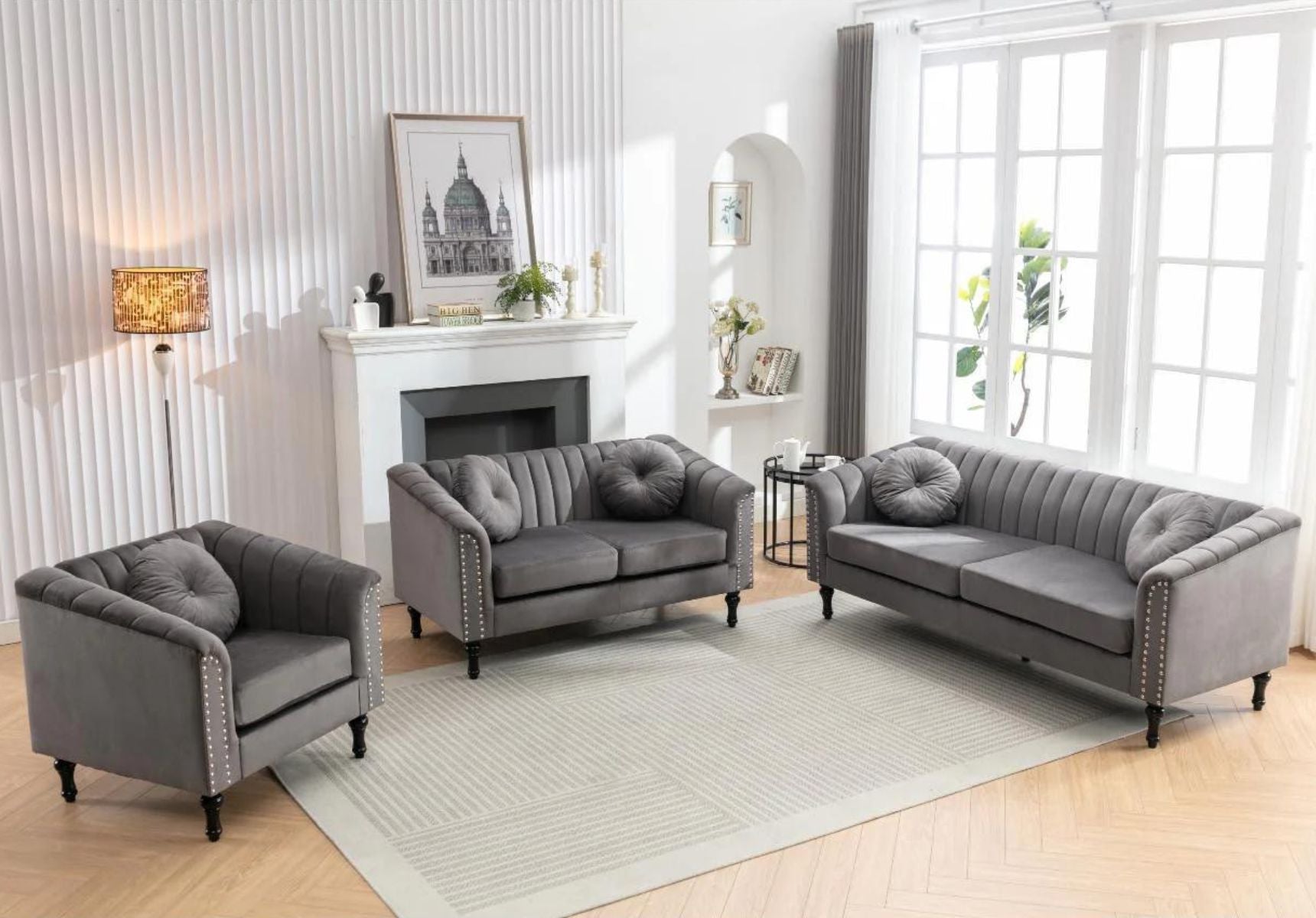 Grey Velvet 3PC Sofa Set with Throw Pillows 1361