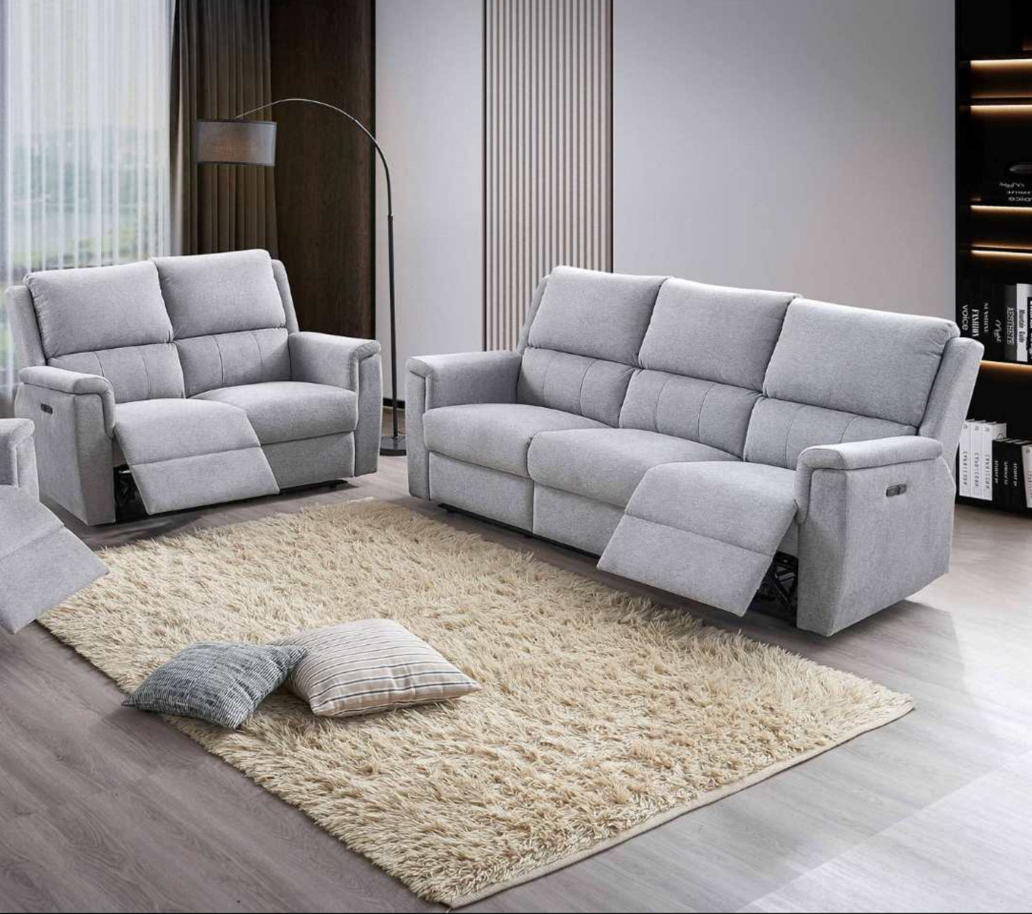 Grey Fabric Power Recliner Sofa Set With USB Ports 8155
