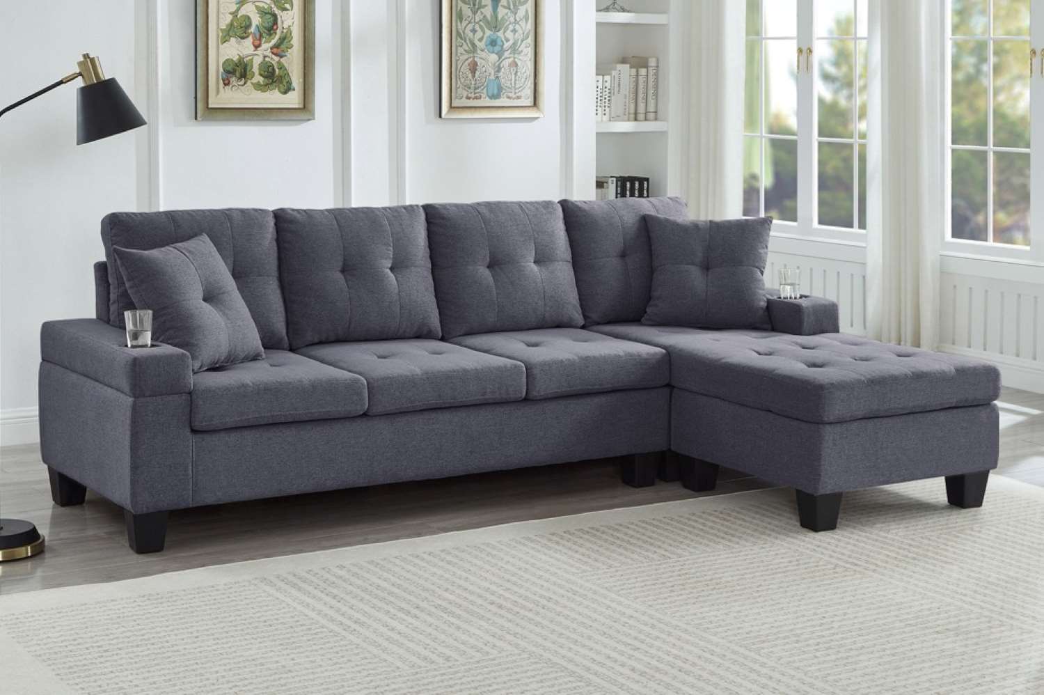 Grey Fabric Reversible Sectional Sofa T-1239
