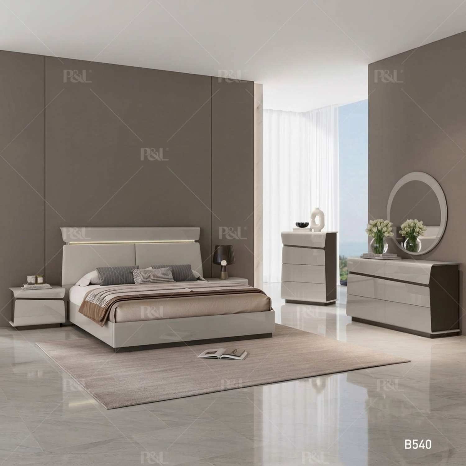 Grey Lacquer Hydraulic Lift Bedroom Set with PU & LED Headboard 540