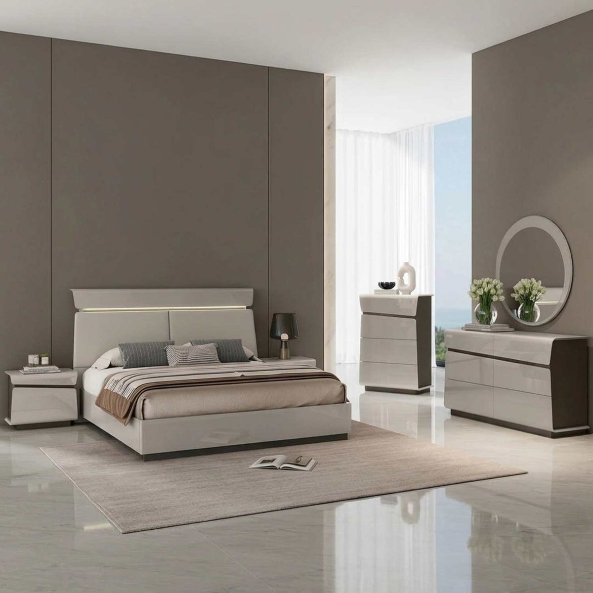 Grey Lacquer Hydraulic Lift Bedroom Set with PU & LED Headboard 540