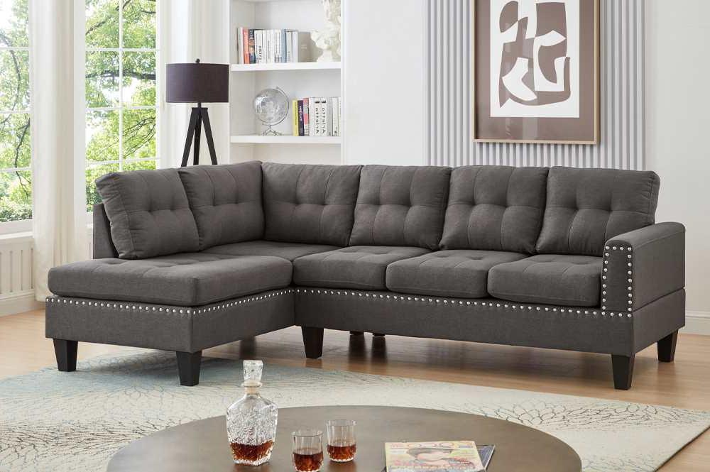 Grey Reversible Sectional Sofa With Nailhead Trim 1234