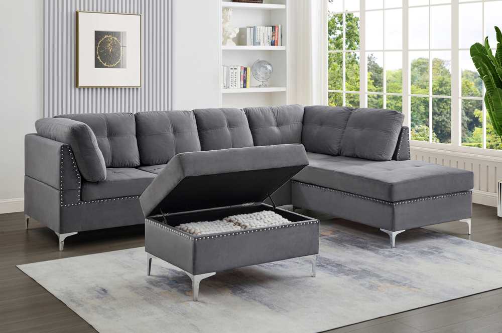 Grey Velvet Reversible Sectional Sofa With Storage Ottoman 1233