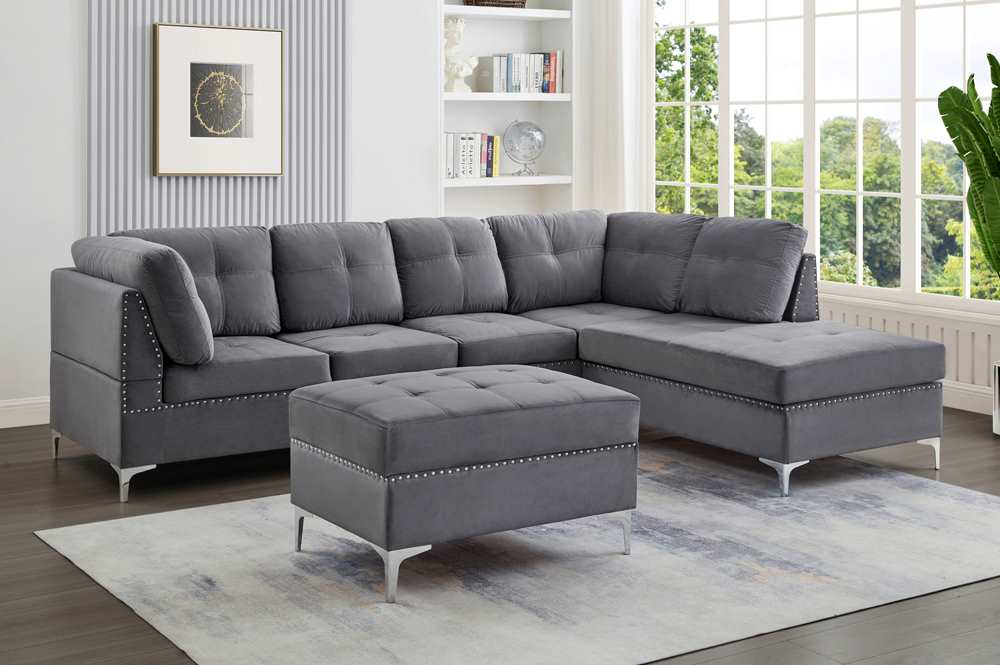 Grey Velvet Reversible Sectional Sofa With Storage Ottoman 1233