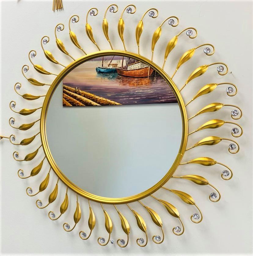 Handcrafted Modern Decorated Round Wall Metal Mirror With Crystal Stones