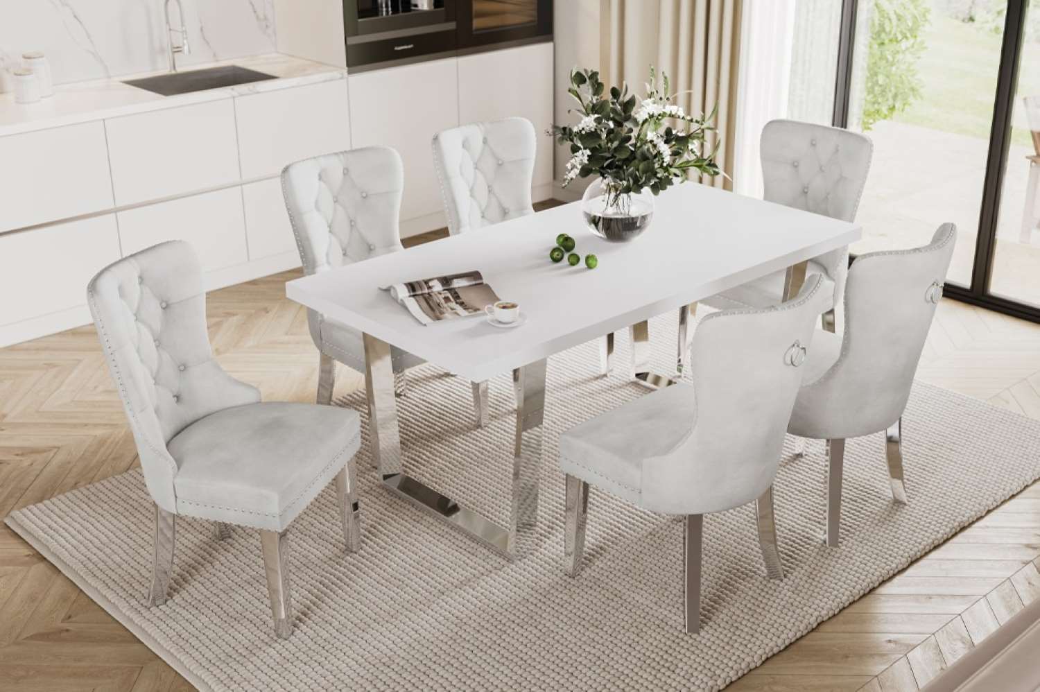 High Gloss White Veneer Dining Table with White Velvet Chairs 3360 / 247