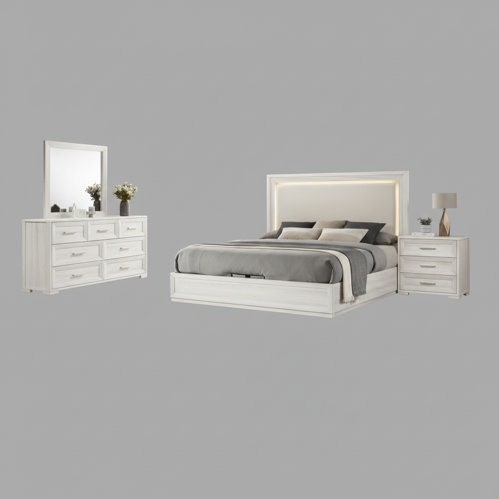 Highland White Hydraulic Lift Wooden 6pc Bedroom Set 2041