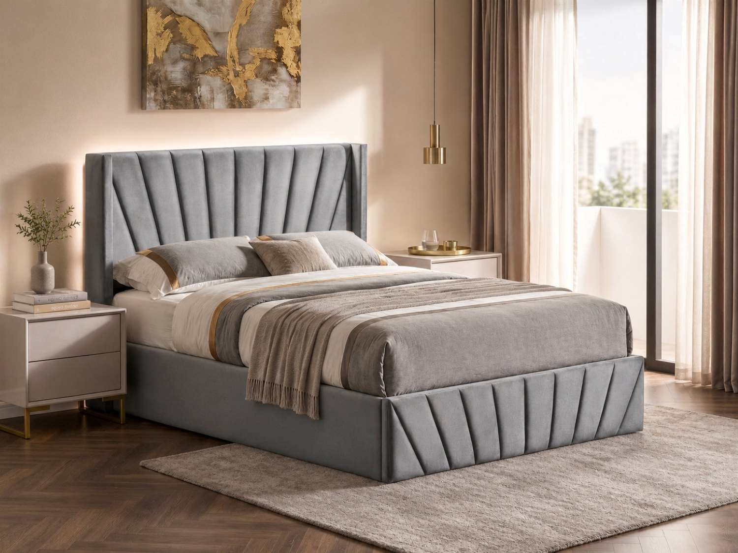 Hydraulic Lift Storage Bed with Fan-Tufted Headboard and Footboard Grey 5870