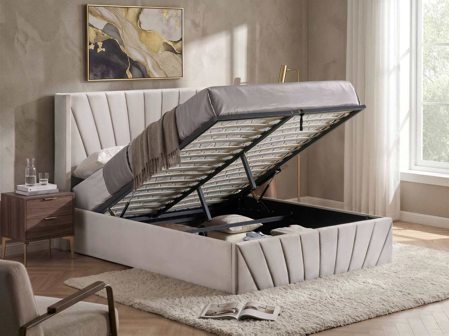 Hydraulic Lift Storage Bed with Fan-Tufted Headboard and Footboard Ivory 5872