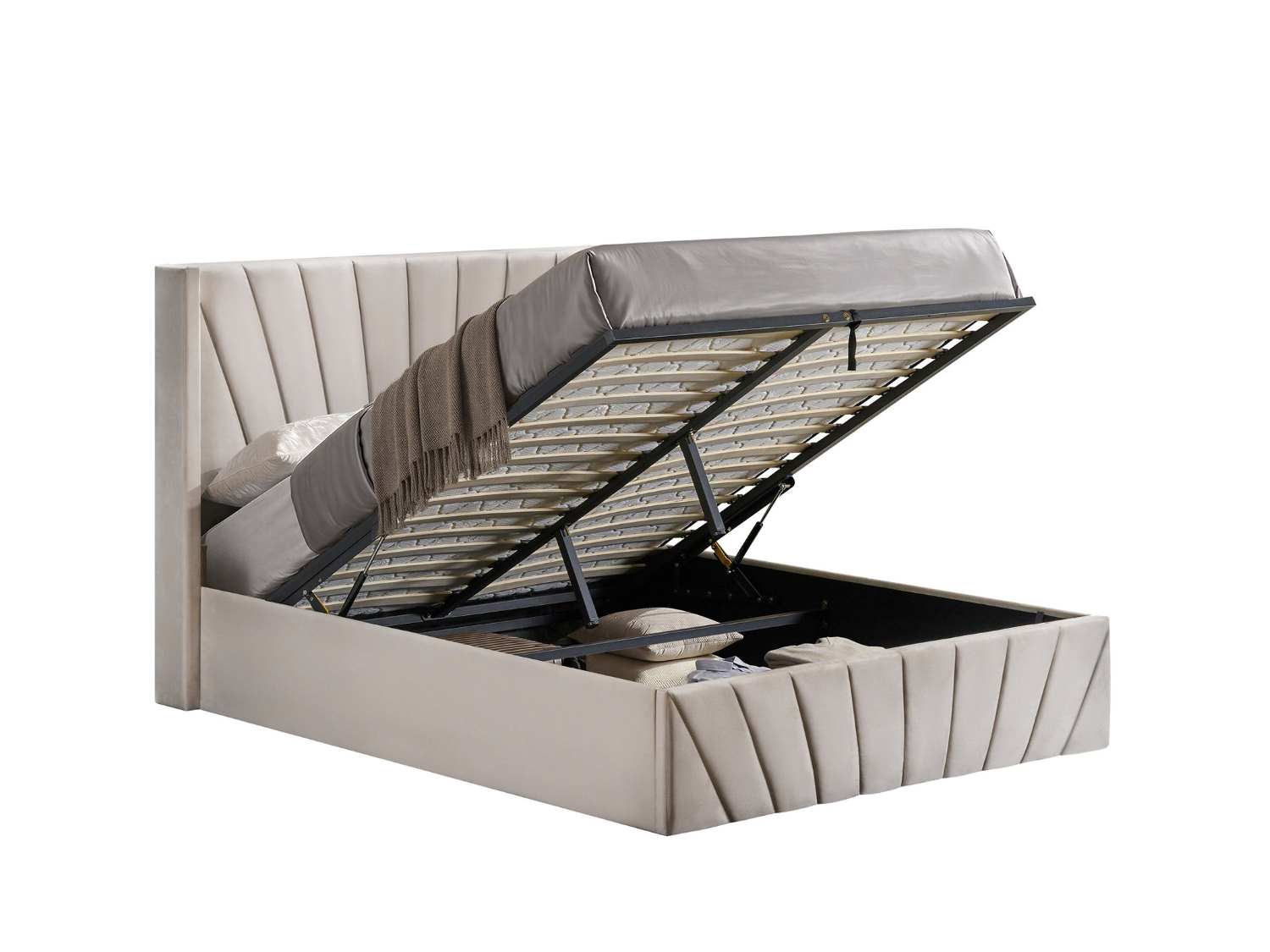 Hydraulic Lift Storage Bed with Fan-Tufted Headboard and Footboard Ivory 5872