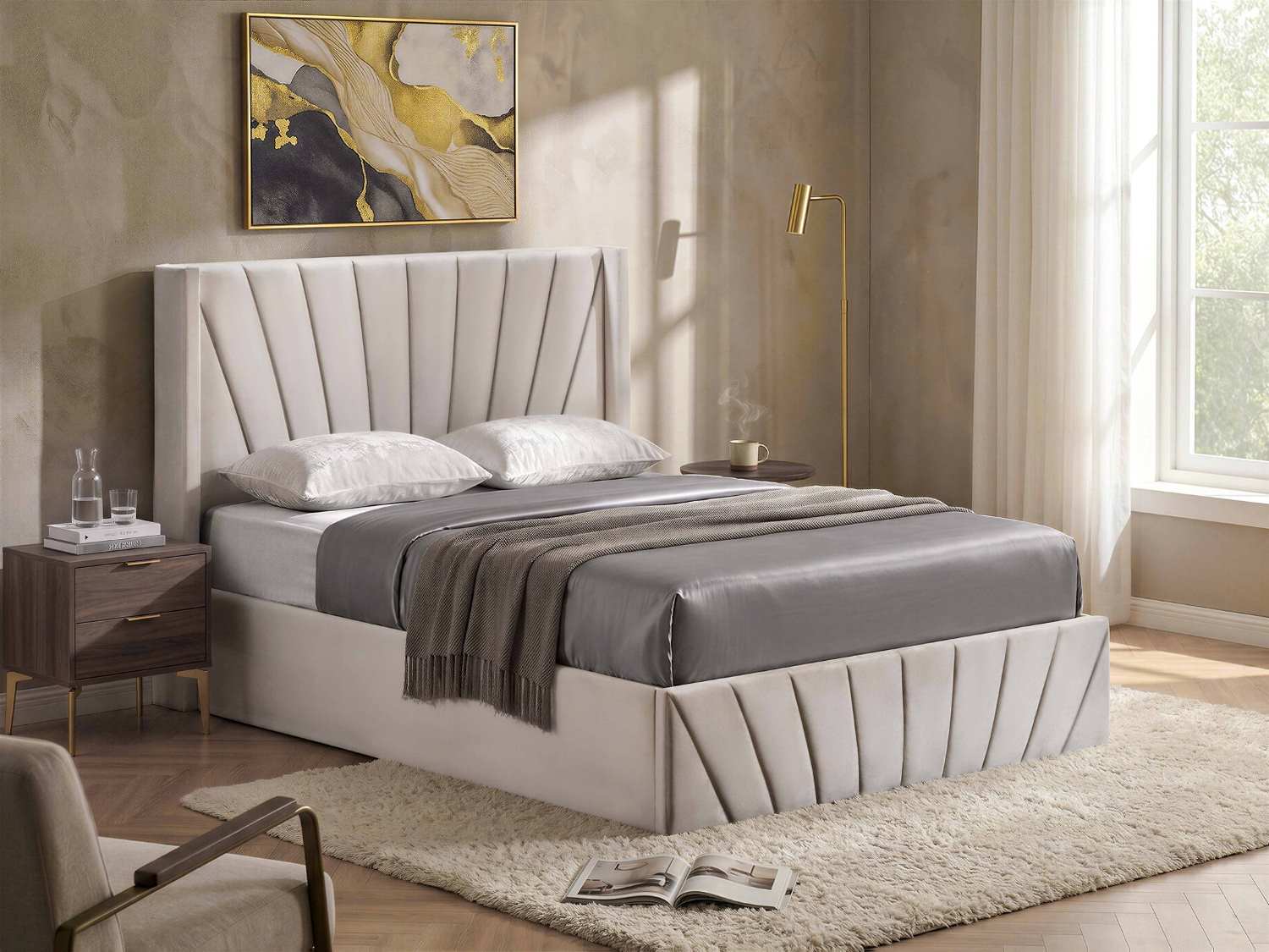 Hydraulic Lift Storage Bed with Fan-Tufted Headboard and Footboard Ivory 5872