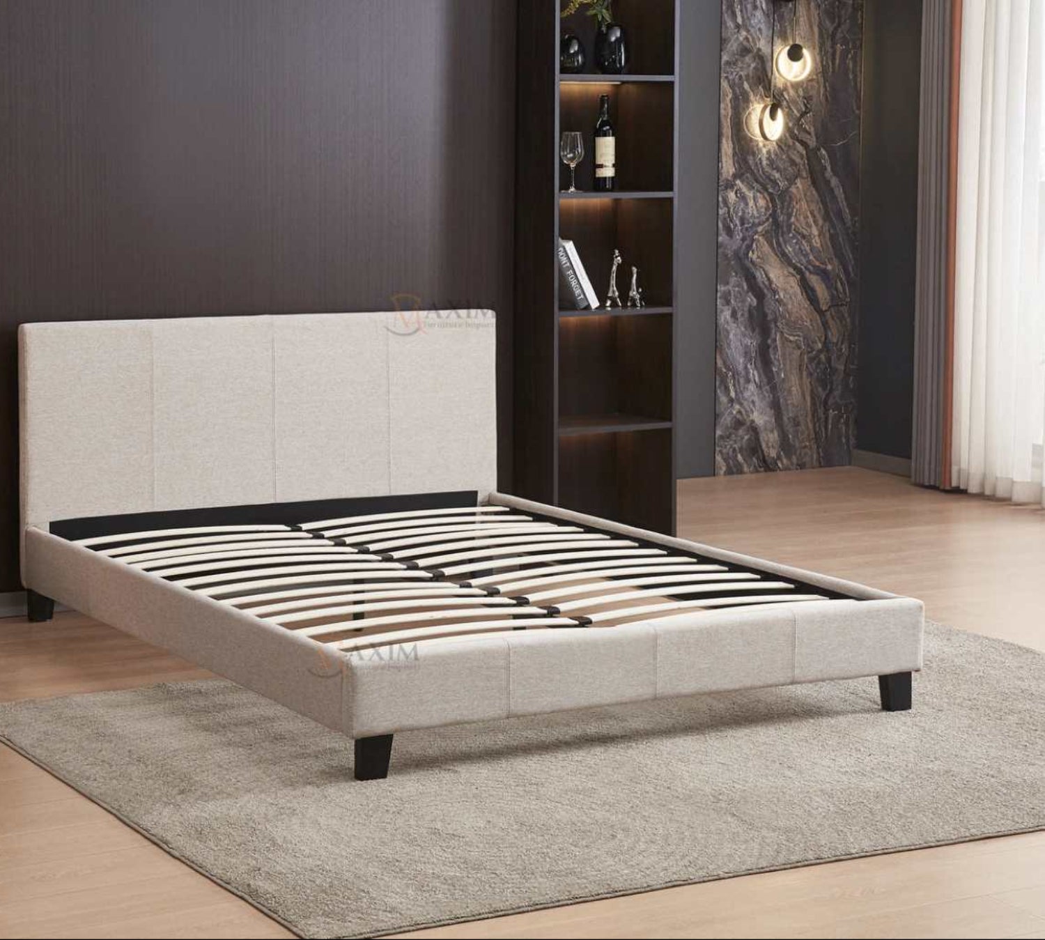 Iliana Beige linen Fabric Queen Platform Bed