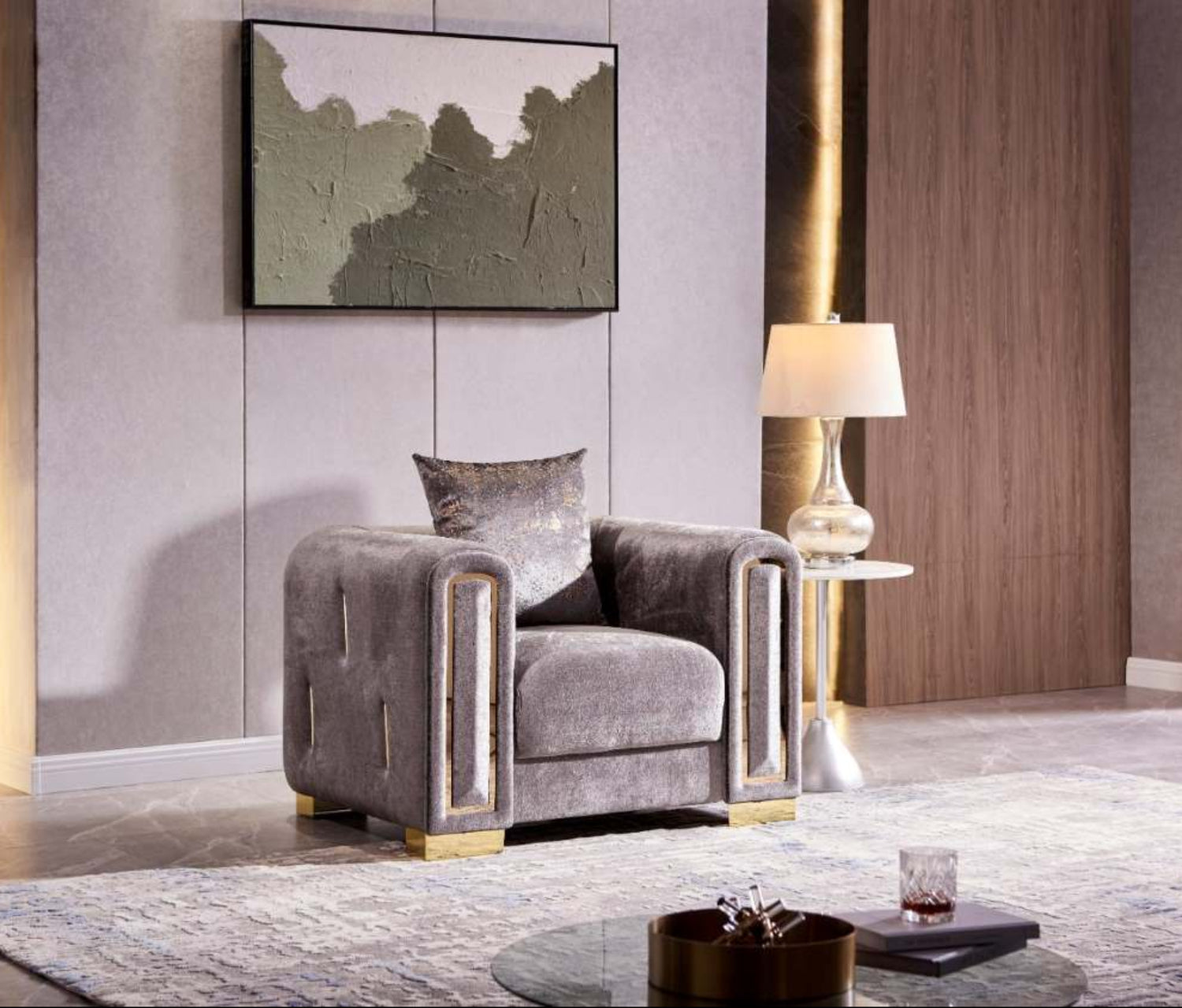 Impreza Grey Velvet Sofa Set with Gold Accents 1525