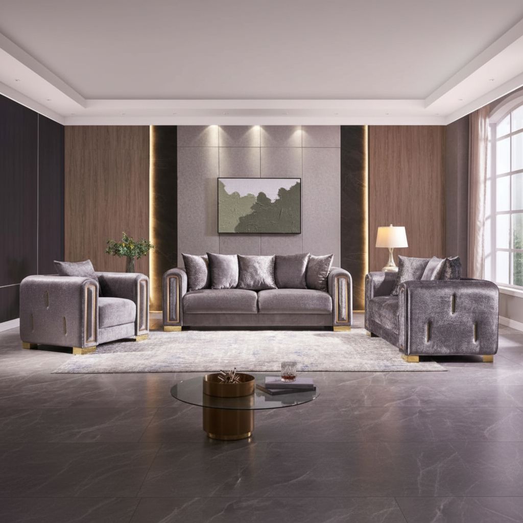 Impreza Grey Velvet Sofa Set with Gold Accents 1525