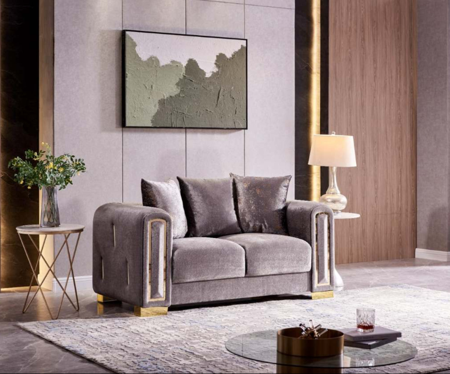 Impreza Grey Velvet Sofa Set with Gold Accents 1525