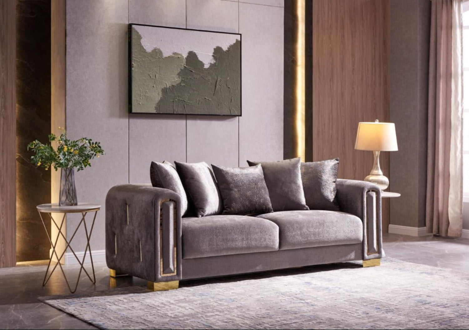 Impreza Grey Velvet Sofa Set with Gold Accents 1525
