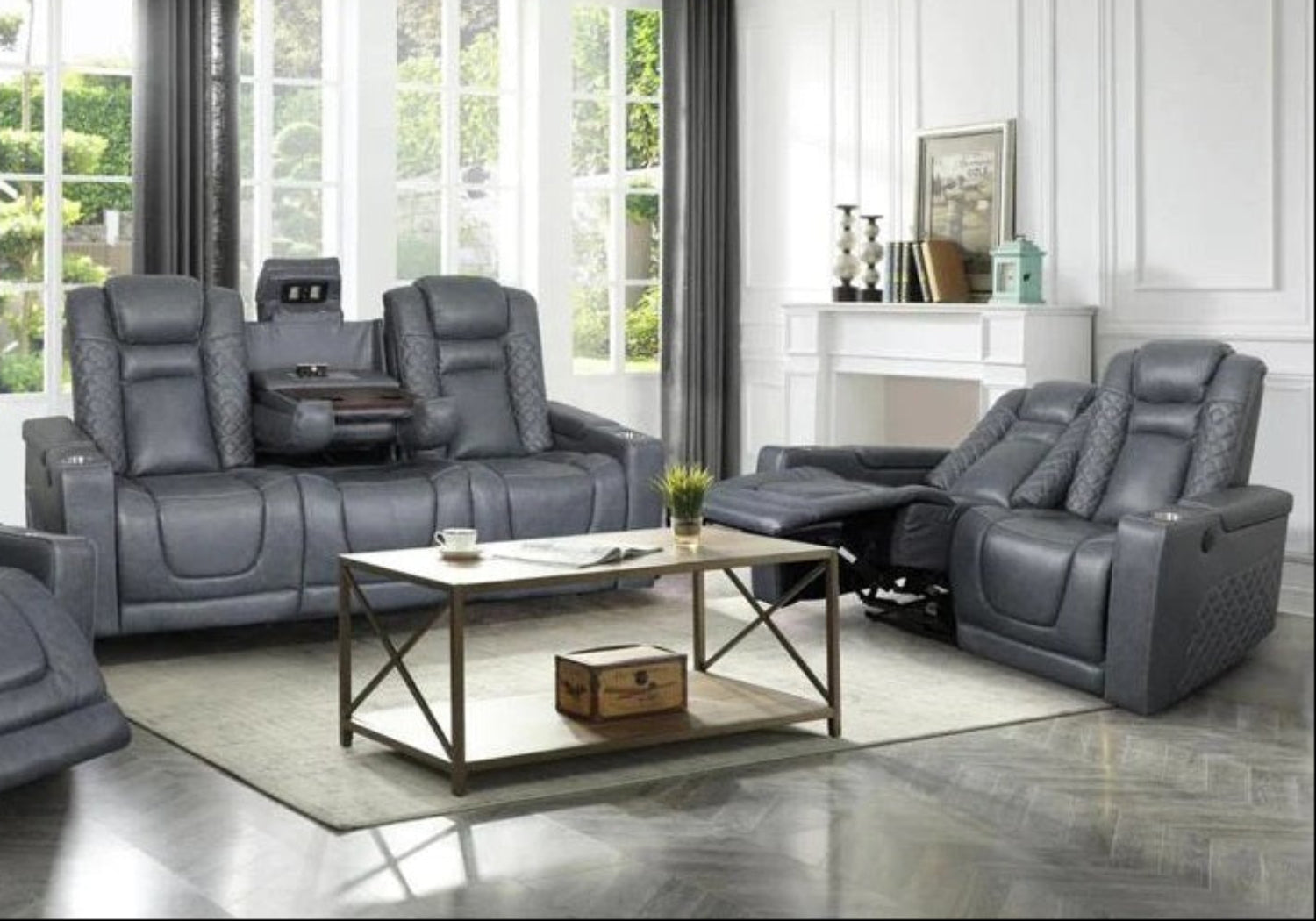 Inox Power Reclining Set Top Grain Leather Blue 2775