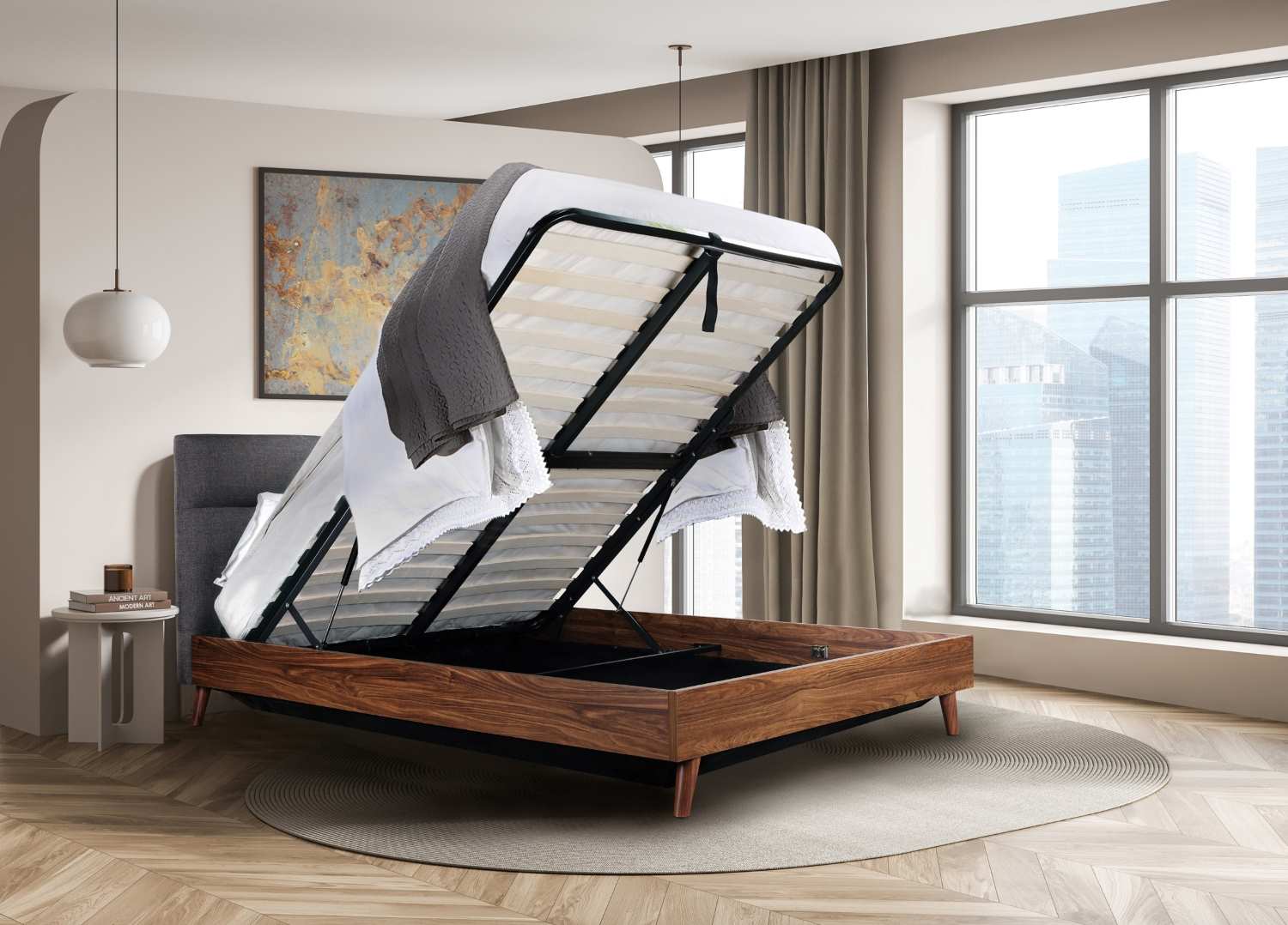 Izzy Walnut & Grey Upholstered Platform Bed with Lift Storage 5898