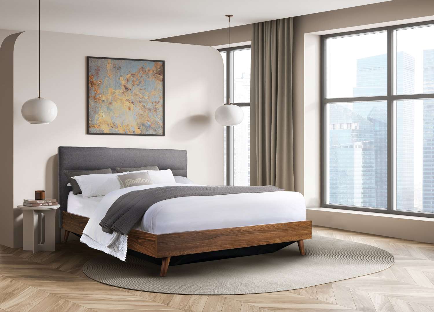Izzy Walnut & Grey Upholstered Platform Bed with Lift Storage 5898