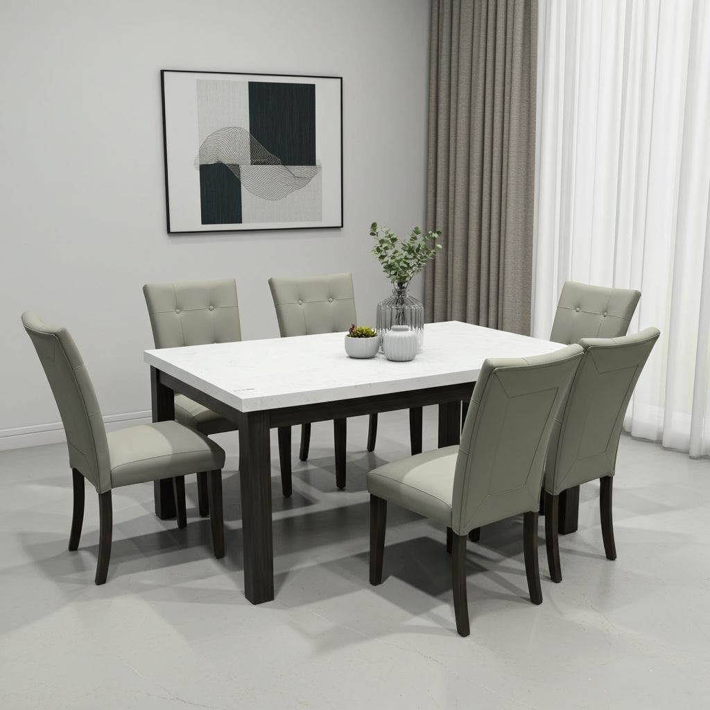 Jason Real Marble Dining Table With 6 Faux Leather Chairs