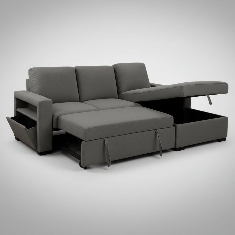Gray sectional sofa with storage drawers on a gray background