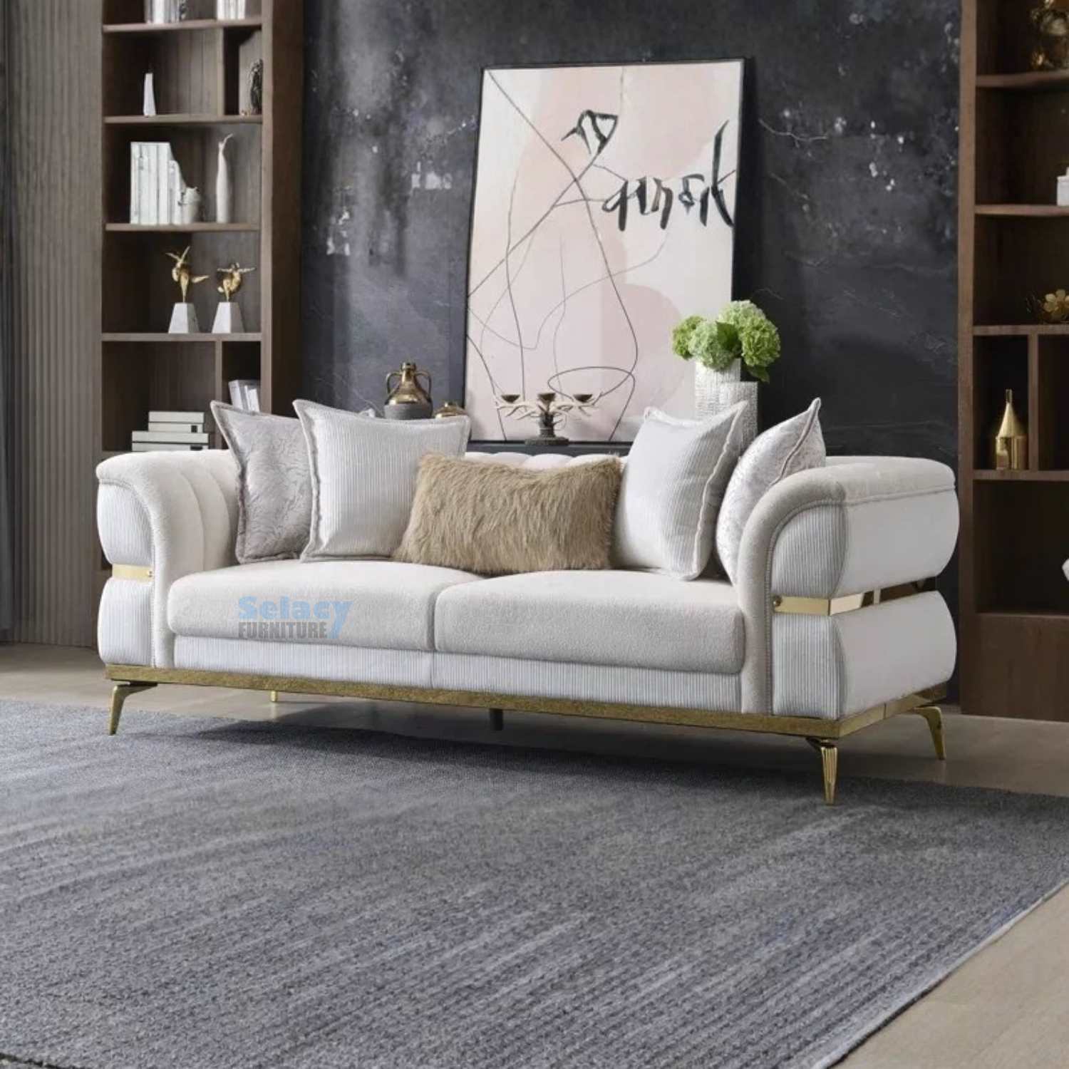 Juno Beige Fabric Sofa Set with Gold Legs 8325