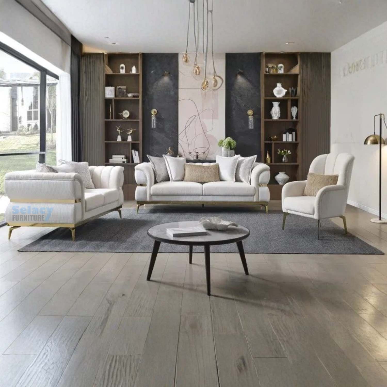 Juno Beige Fabric Sofa Set with Gold Legs 8325