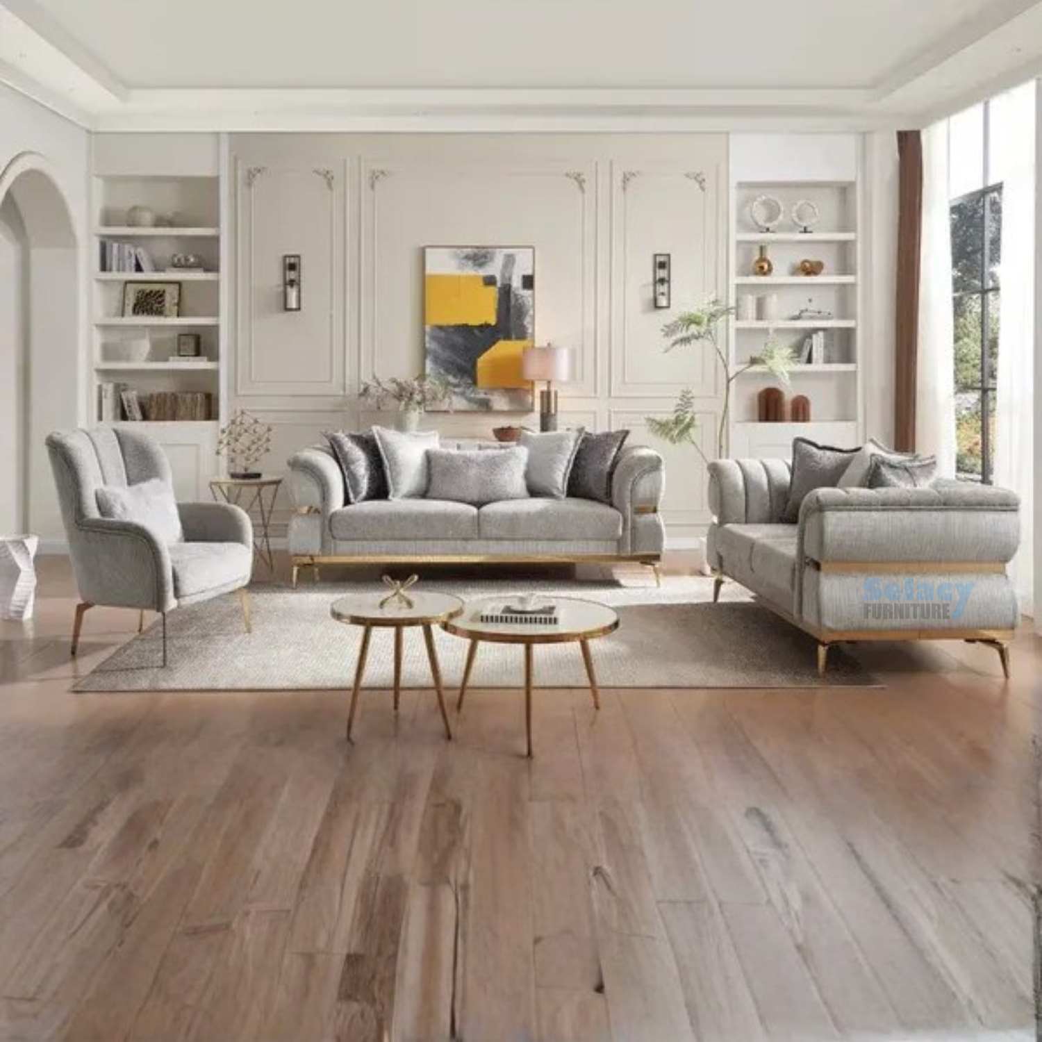 Juno Grey Fabric Sofa Set with Gold Legs 8325