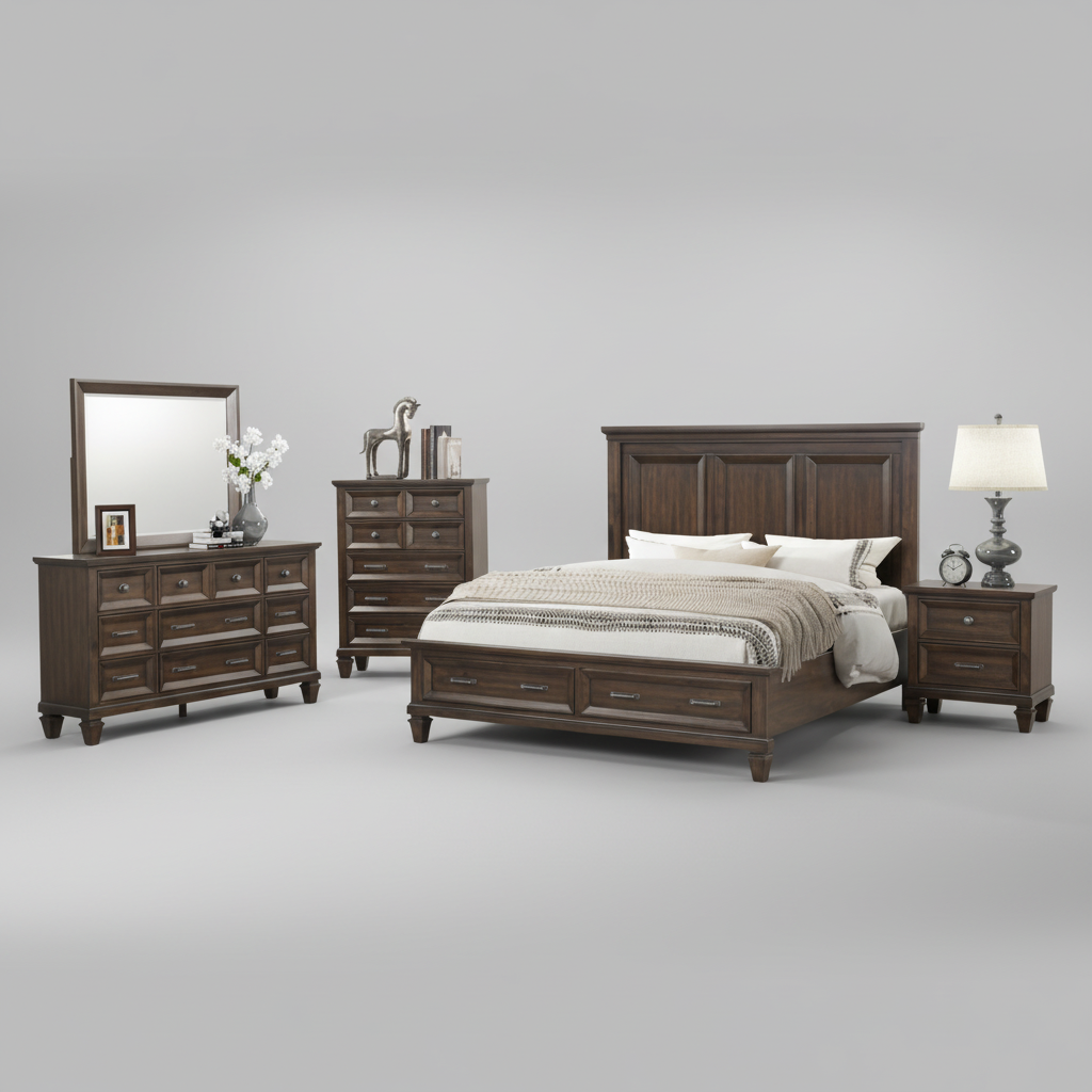Hamilton Dark Walnut Wooden 6PC Bedroom Set With Storage Footboard 1251