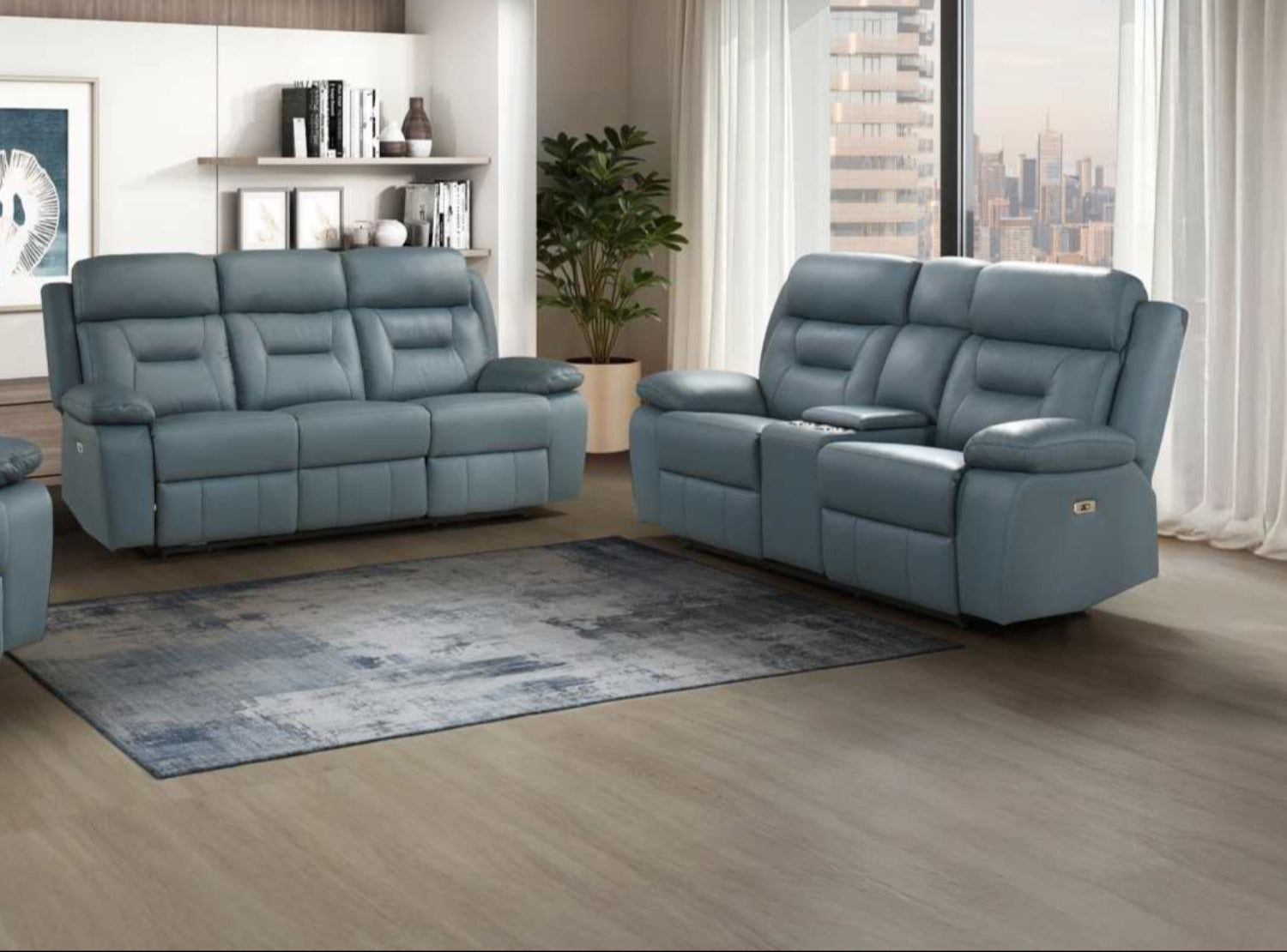 Laconia Genuine Top Grain Leather Power Recliner Chair Blue-Grey 9629