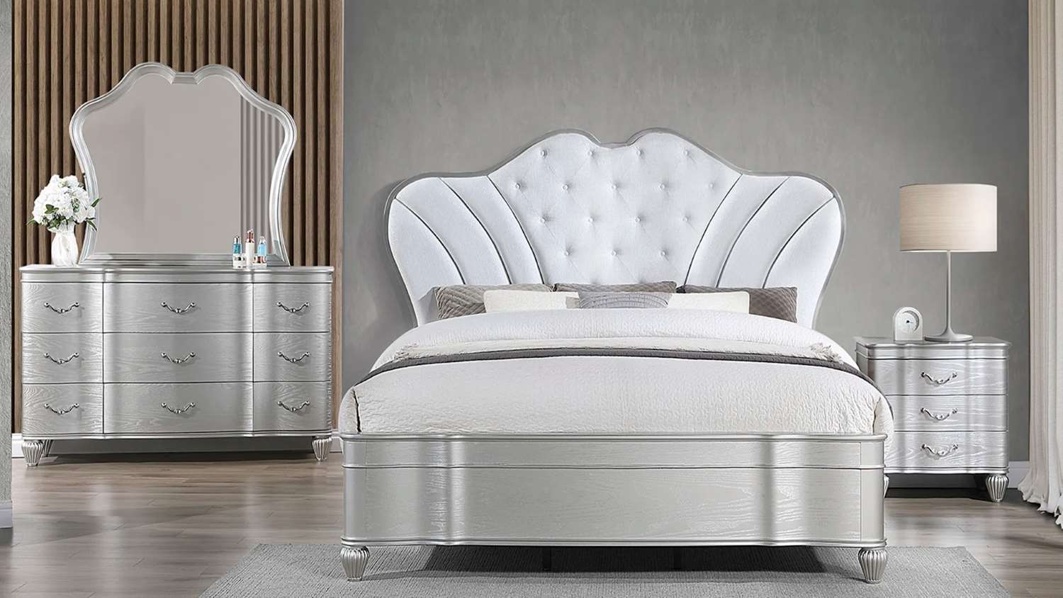 Landmark Wooden Silver Bed with Upholstered Tufted Headboard 1861