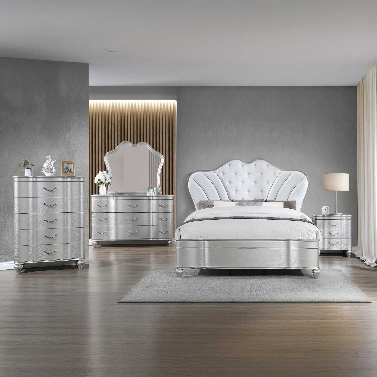 Landmark Wooden Silver Bed with Upholstered Tufted Headboard 1861
