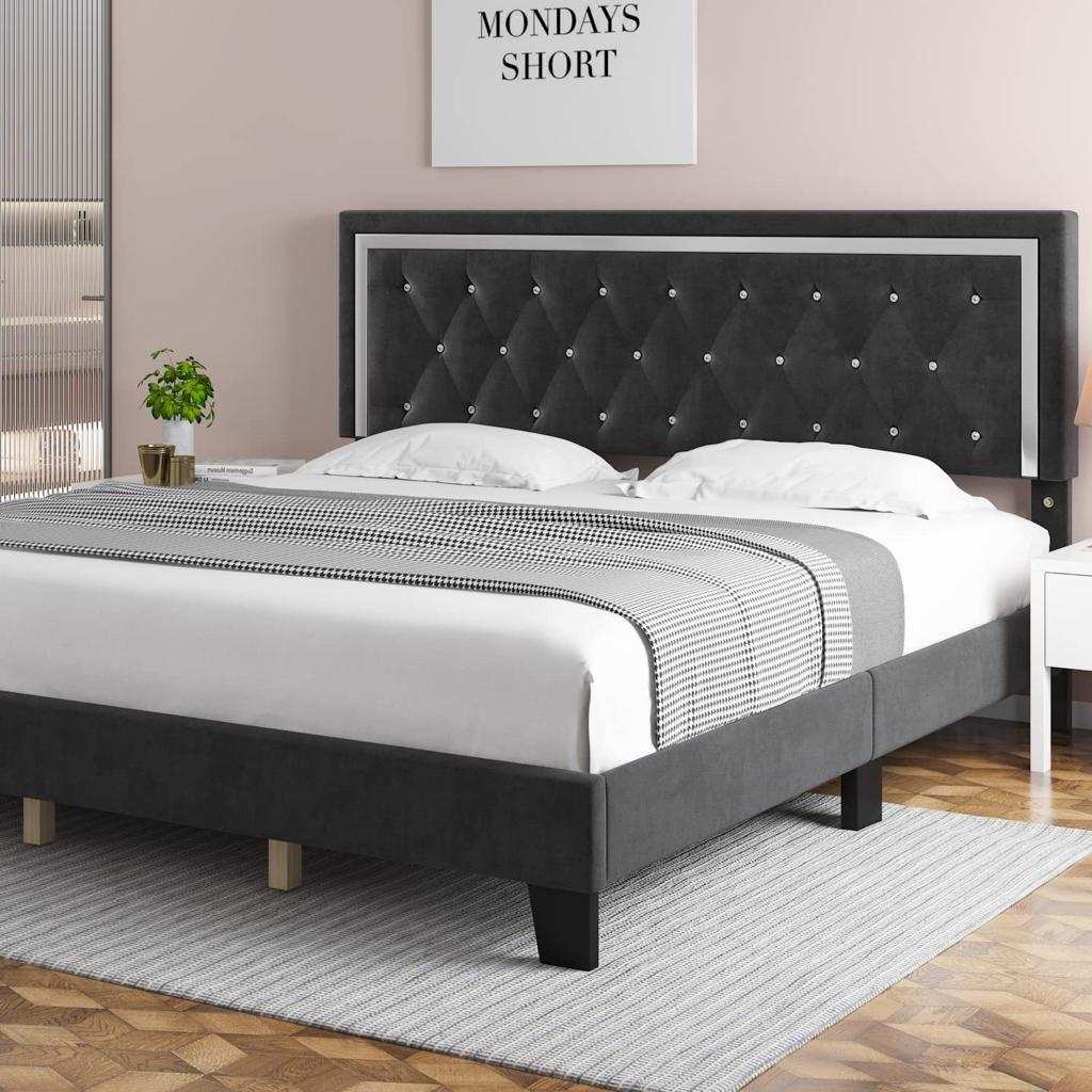 Lane Black Velvet Platform Bed With Crystal Tufted Headboard