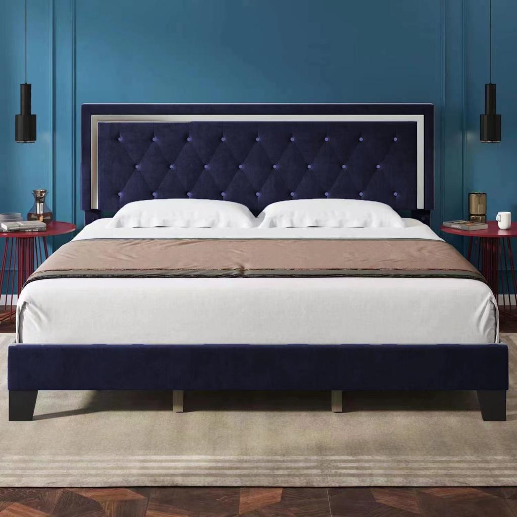 Lane Blue Velvet Platform Bed With Crystal Tufted Headboard