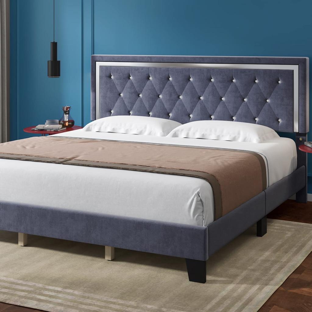 Lane Grey Velvet Platform Bed With Crystal Tufted Headboard