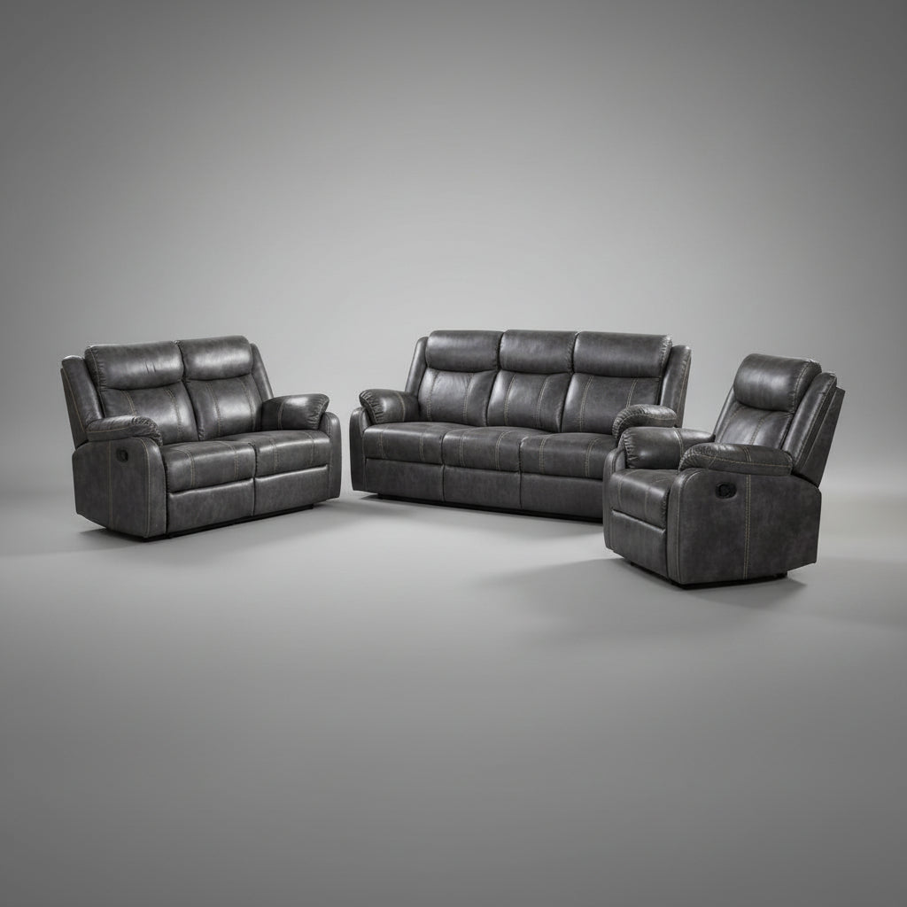 Lanny Faux Leather Grey Recliner Sofa Set 9685 | Selacy Furniture