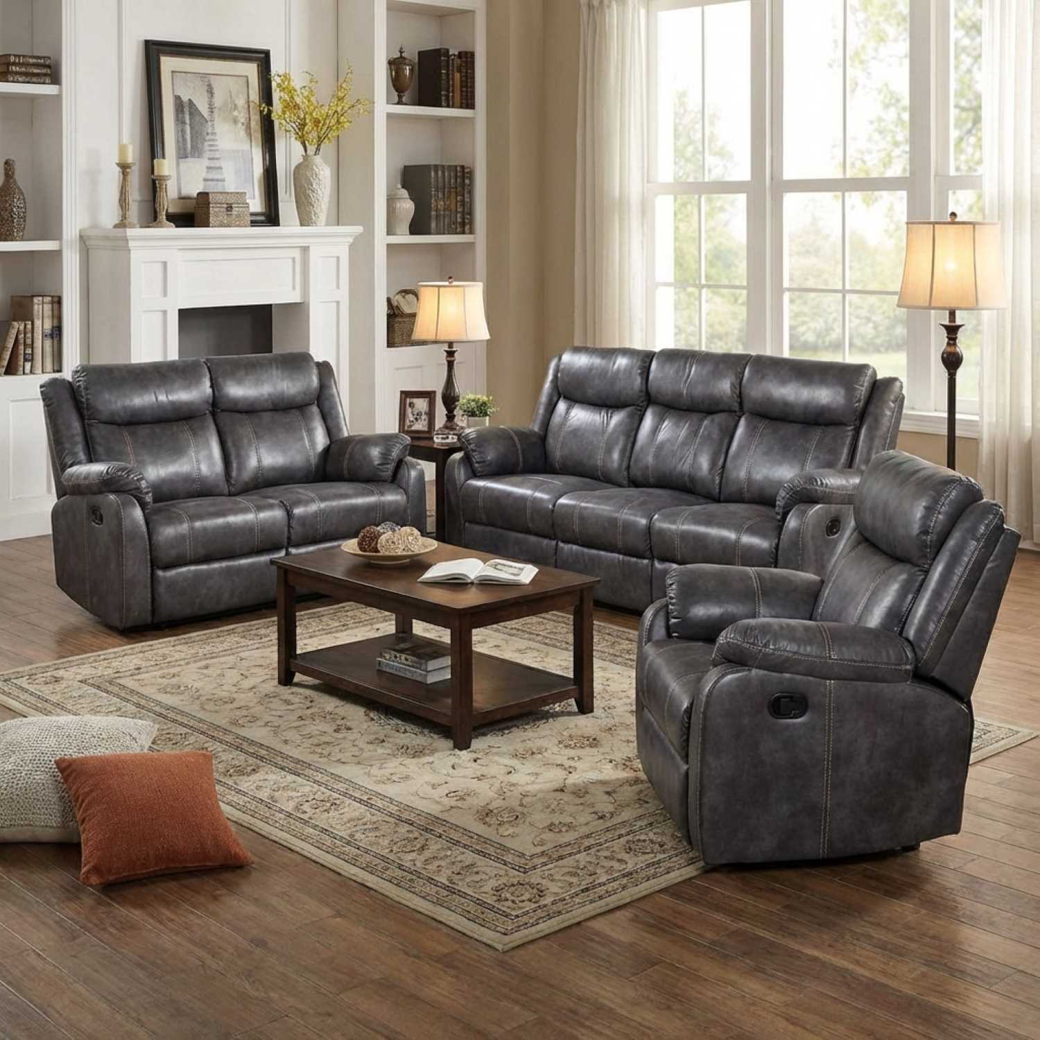 Lanny Faux Leather Grey Recliner Sofa Set 9685 | Selacy Furniture
