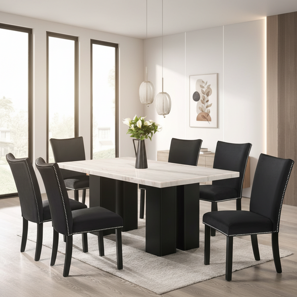 Lantana 7pc White Real Marble Dining Set with Black Chairs T7040 DTS BK