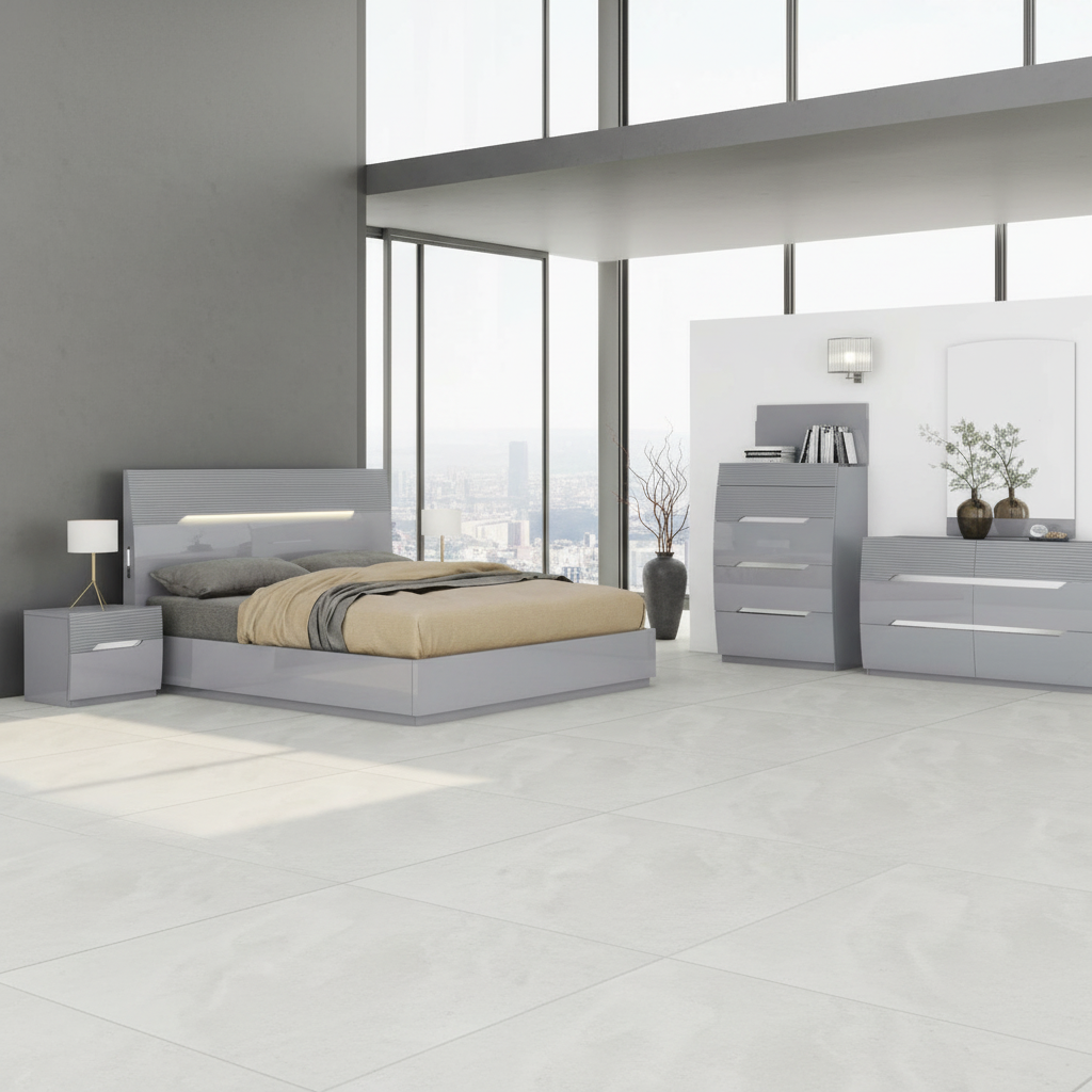 Lessie Hydraulic Lift High Gloss Lacquer Bedroom Set Grey SB286