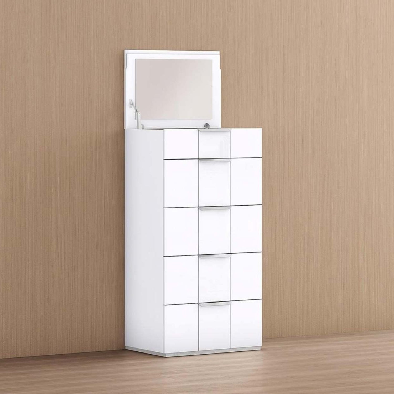 Letty High Gloss White Chest with Built-in Mirror and Jewellery Storage B130