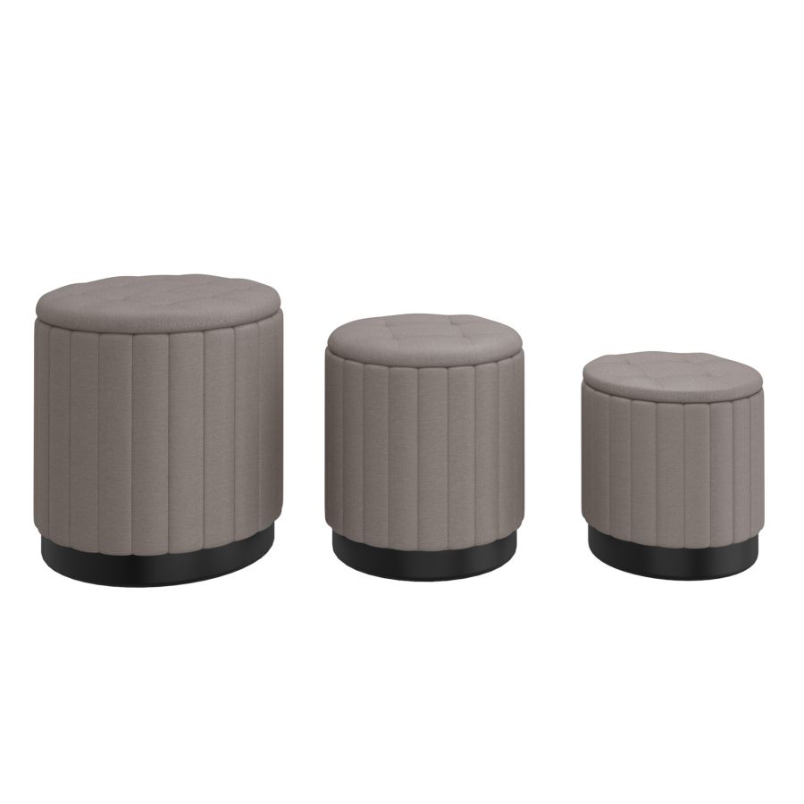 Lexi 3pc Round Storage Ottoman Set in Warm Grey and Black 402-173