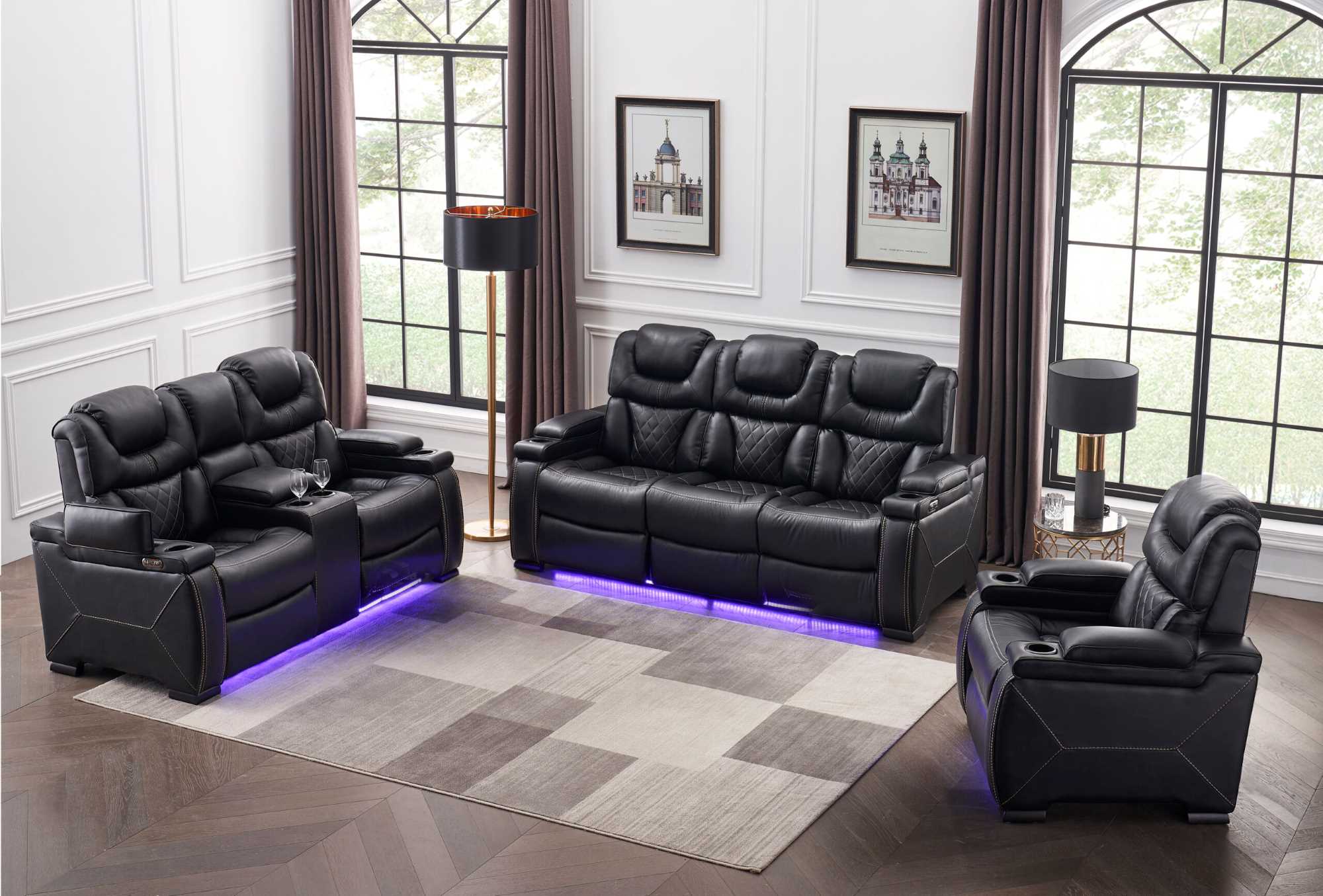 Lexus Power LED Recliner Sofa Set Black 1665