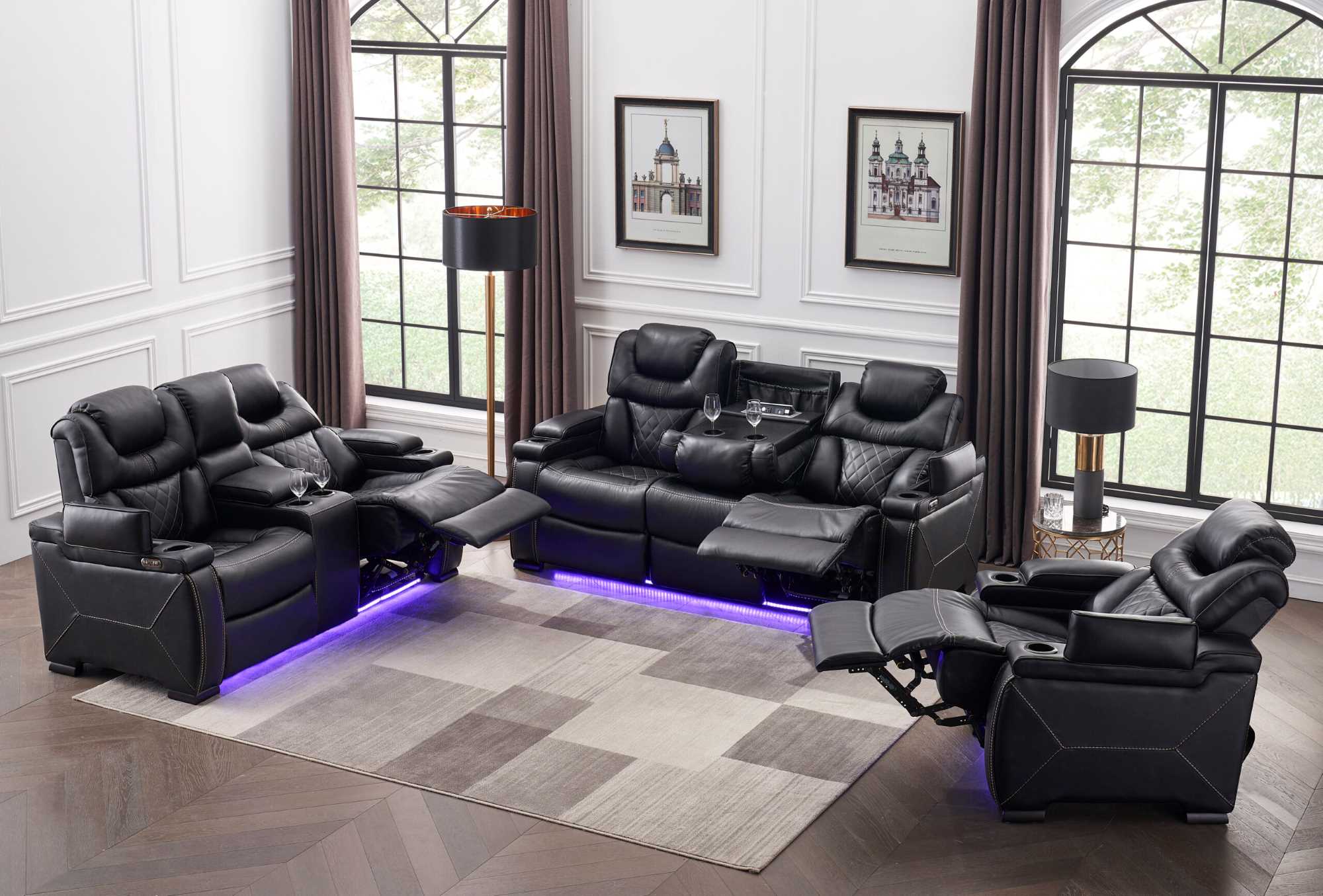 Lexus Power LED Recliner Sofa Set Black 1665