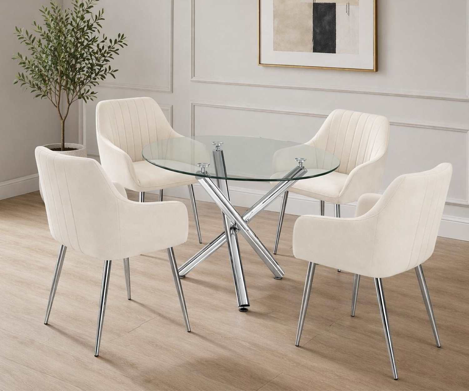 Lilith Round Glass 5pc Dining Set with Chrome Legs