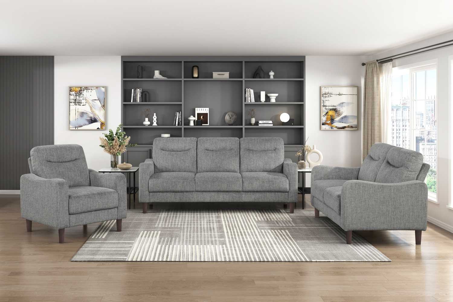 Linden Chenille Fabric Grey Sofa Set 9180 GRY