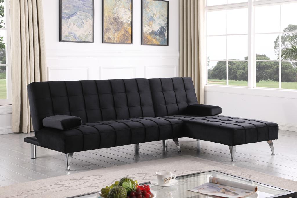 Luna Black Velvet Reversible Sectional Sofa Bed