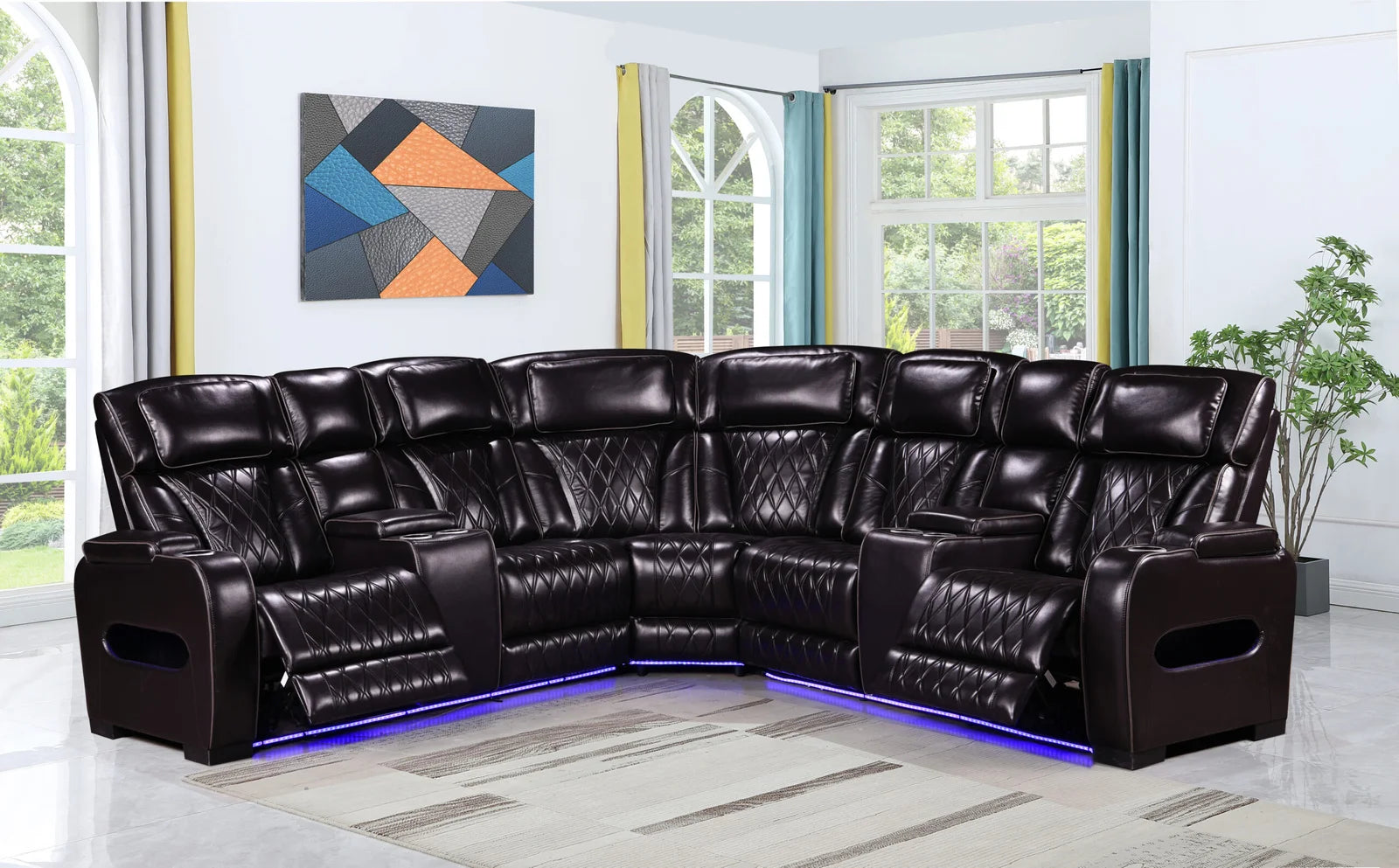 Luxurious Brown Power Recliner Sectional with LED 10152