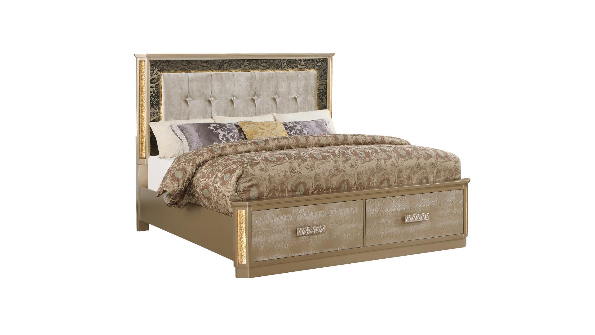 Medusa Gold 6 PC Bedroom Set With Crushed Glass LED And Storage Footboard 1641