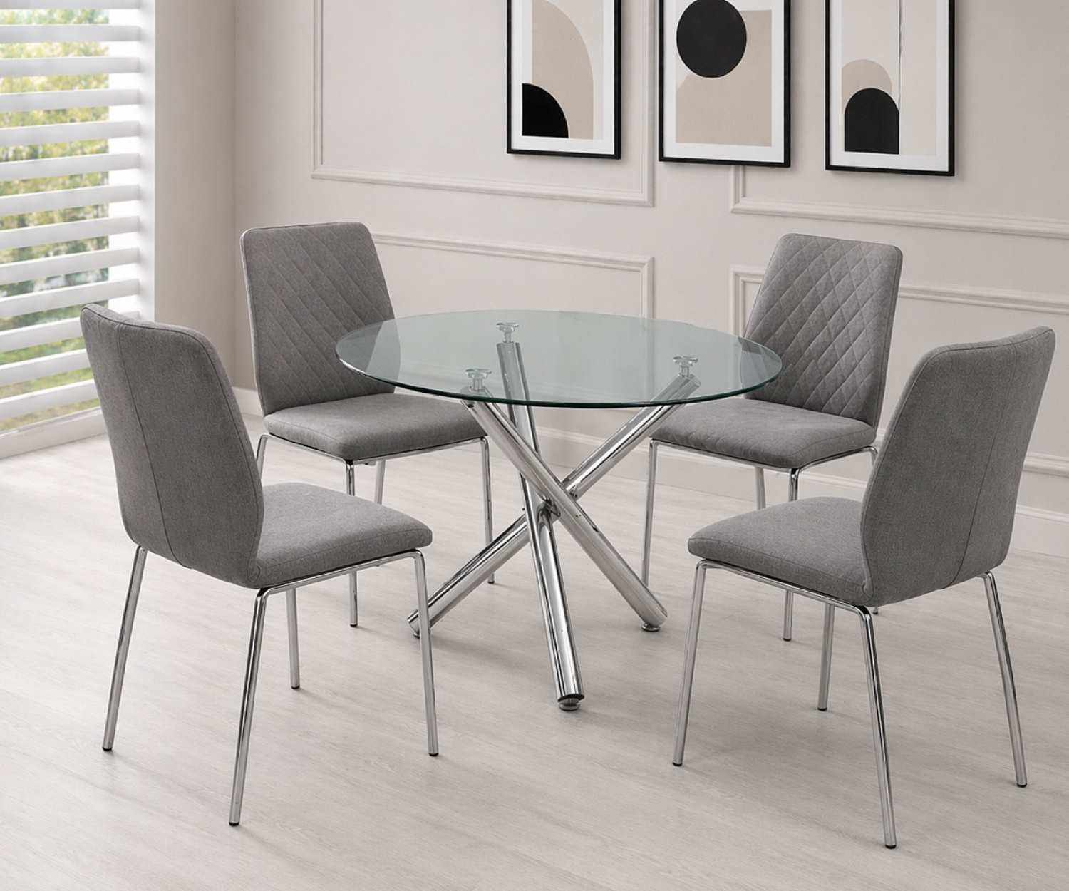 Mara Round Glass 5pc Dining Set with Chrome Legs DTS2454